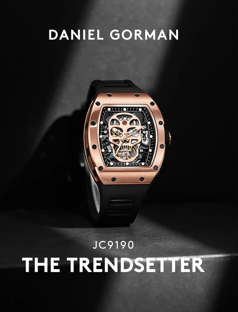 Unique Men Watch Tonneau Casual Wristwatch Soft Silicon Band Fashion Men's Wrist Watches Hollow Out Analog Automatic Watches