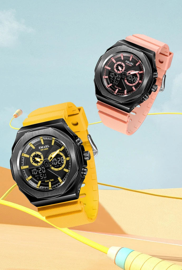 SMAEL Sport  Watches Women  50M Waterproof Lady Watches Pink Lover Gifts 8102 Dual Time Diaplay Watches Digital LED Back Light