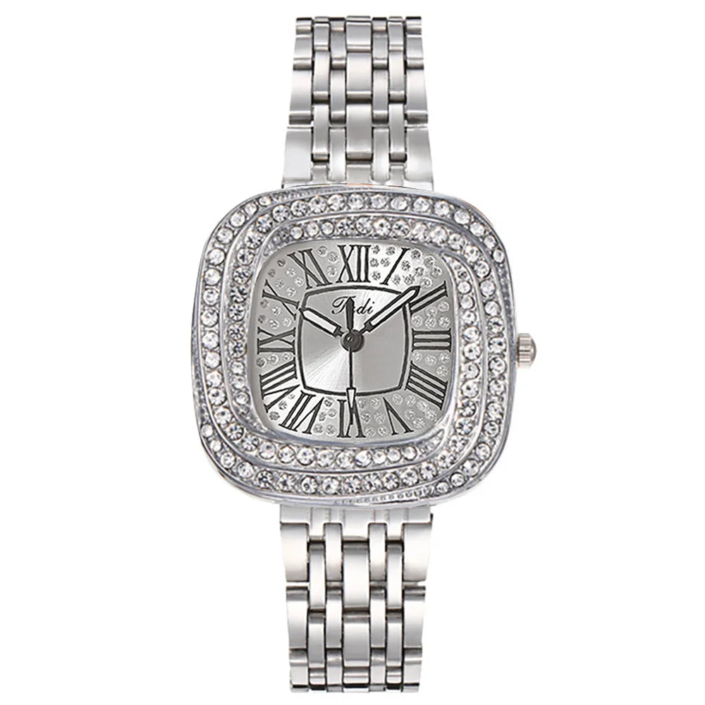 Ladies 2024 Square Roman Star Quartz Watch with Diamonds Stainless Steel Business Woman Clock Gift Wristwatch