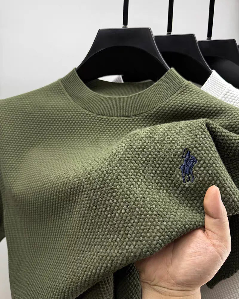Luxury 100% cotton knitted short sleeve T-shirt high-end brand pony embroidery summer solid color  men's casual round neck top