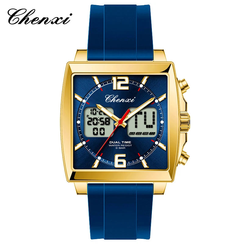 Fashion Casual Men Sports Watch Square Dial Dual Time CHENXI Watches Silicone Strap Waterproof Multifunction Wristwatch Male