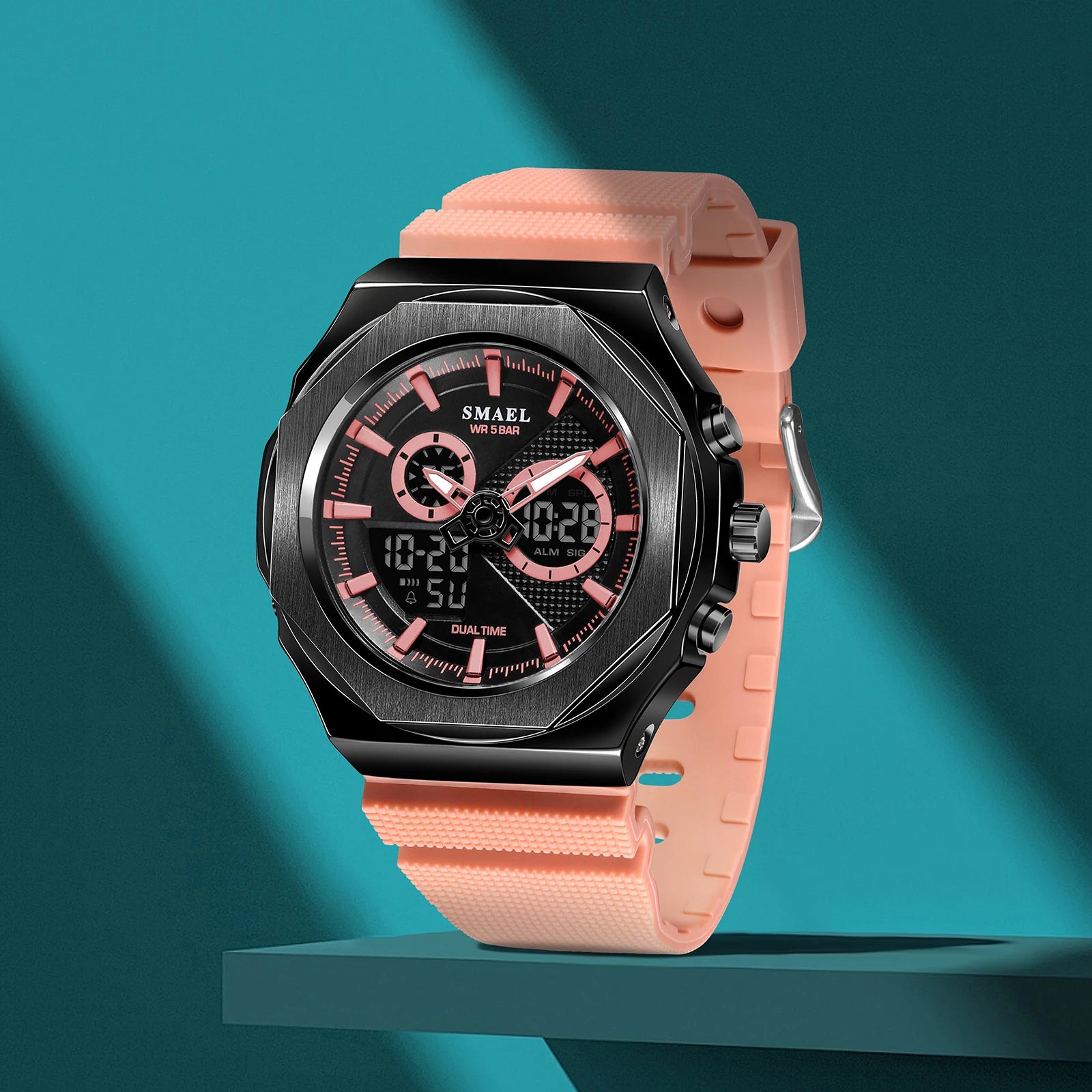 SMAEL Sport  Watches Women  50M Waterproof Lady Watches Pink Lover Gifts 8102 Dual Time Diaplay Watches Digital LED Back Light