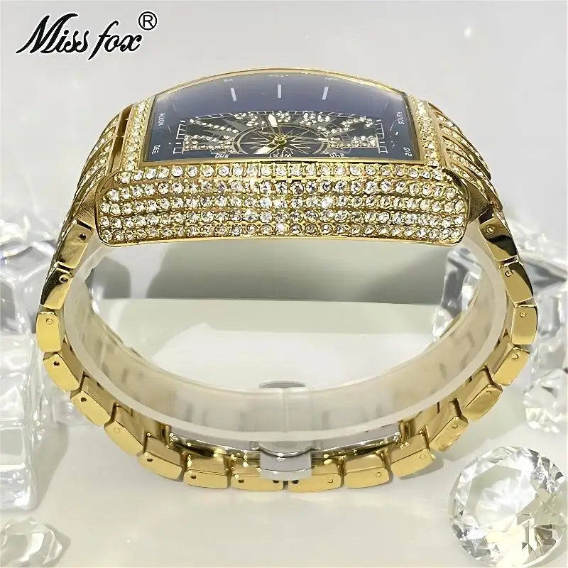 Luxury Gold Watches Men Brand MISSFOX Fashion Hip Hop lce Diamond Sun Pattern Literal Quartz Wristwatch Male Dropshipping Hot
