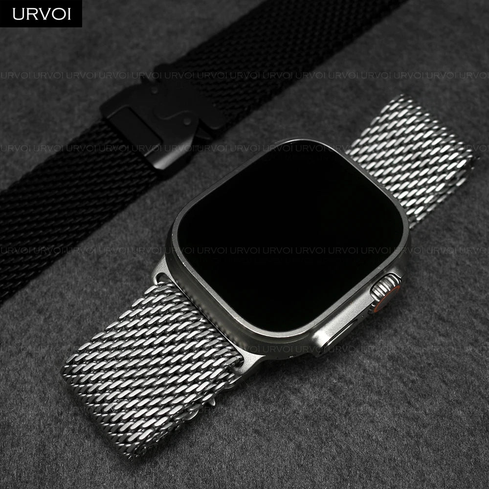 URVOI Band for Apple Watch Ultra 3 2 Series 11 10 9 8 SE stainless steel mesh strap for iWatch secure parachute buckle 46 49mm