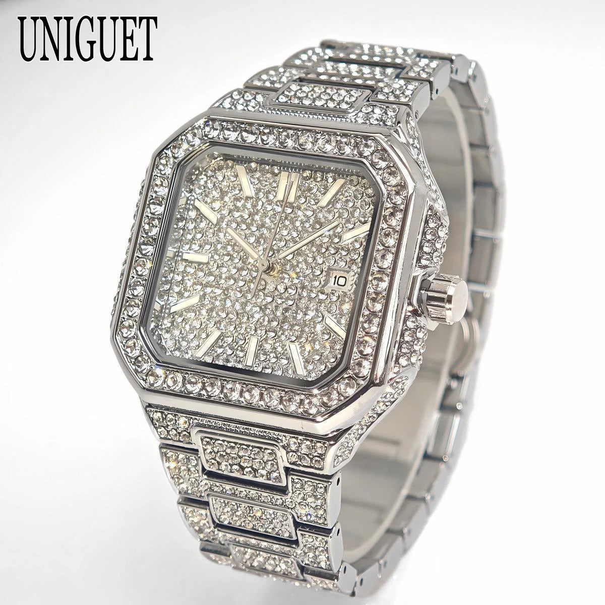 2025 New Black Iced Watch For Men Brand UNIGUET Fashion Waterproof Quartz Watch Man Hip Hop Diamond Jewelry Square Wristwatch