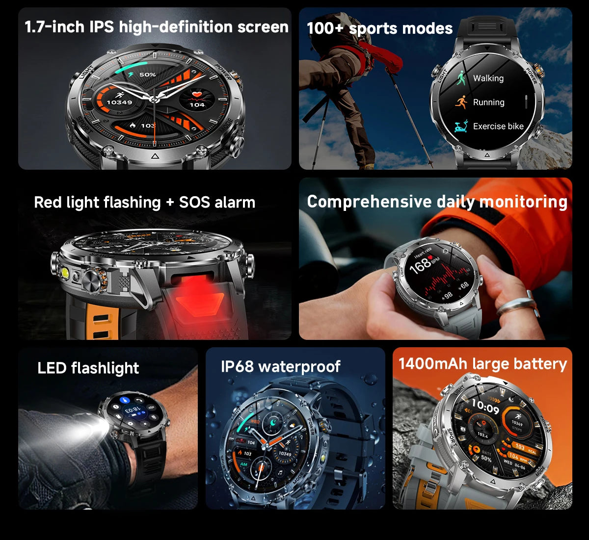 LIGE 2026 Military 1400mAh Battery Smart Watch Men Outdoor Flashlight IP68 Waterproof Heart Rate Bluetooth Call Sports Bracelet