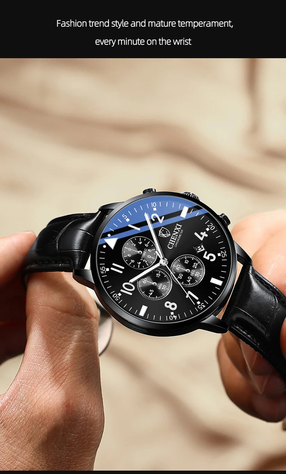 2025 New CHENXI Man Watch 43mm Classic Sports Chronograph Waterproof Luminous Quartz Men's Watches Leather Strap