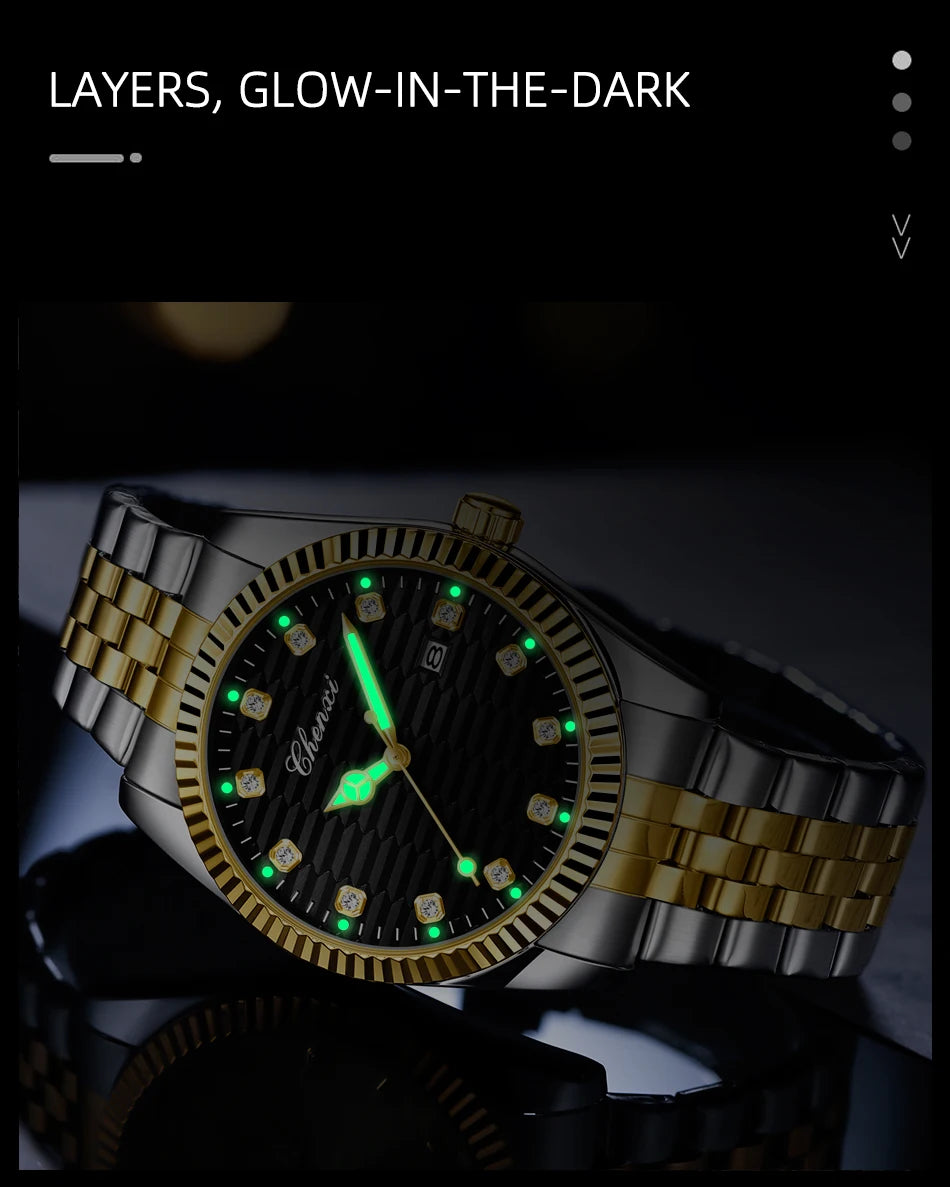 CHENXI Man Watch Classic Fashion Gold Quartz Steel Strap Watches Men Diamond-Set Round Luminous Water-Resistant Date