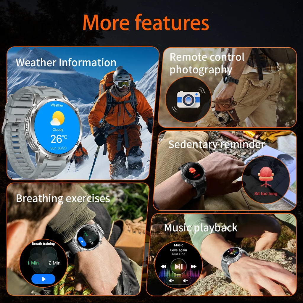 2026 New Outdoor Military Smart Watch For Men 1.85" AMOLED 1000mAh Battery IP69K Swim Flashlight Heart Rate Wireless Call Watchs
