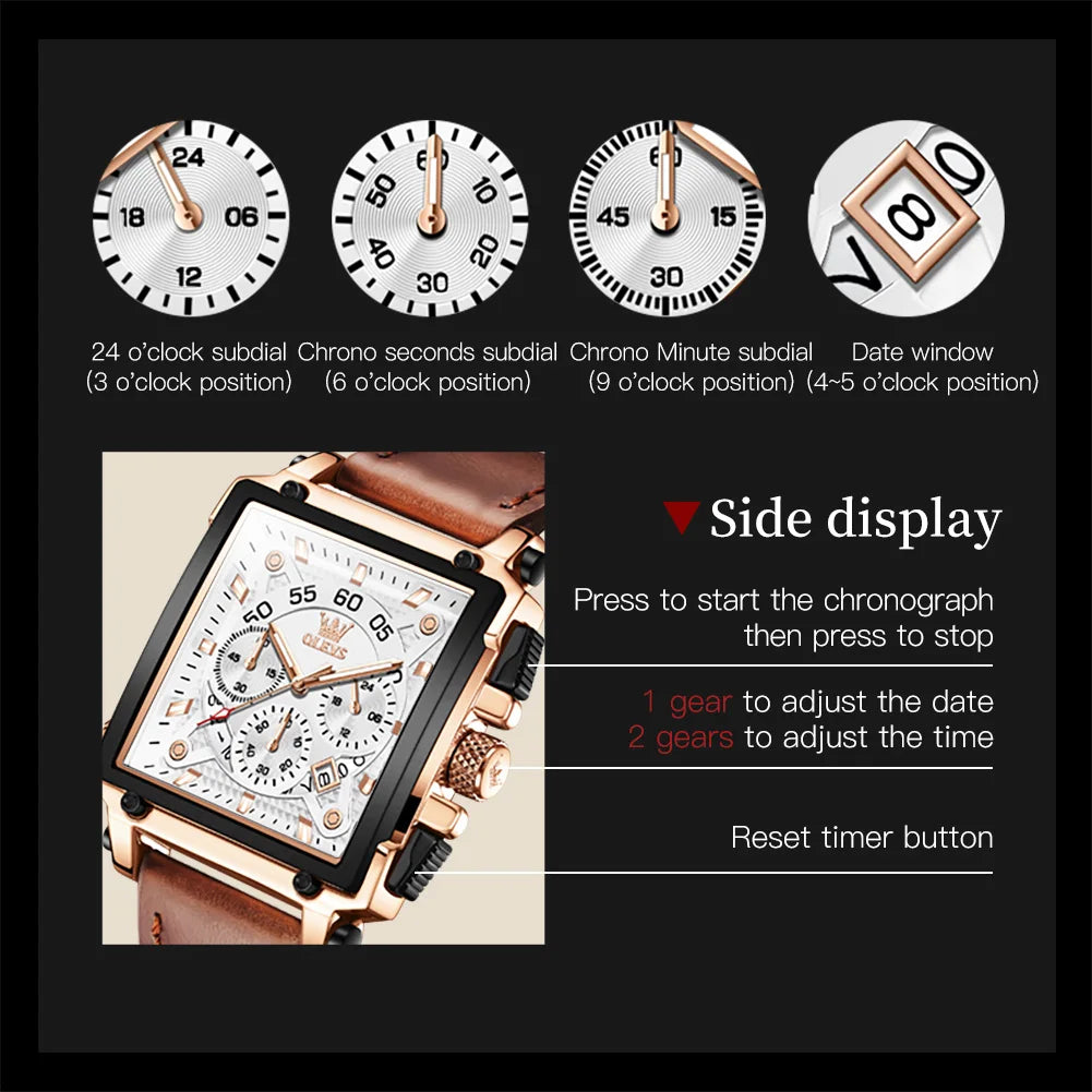 OLEVS Mens Watch Square Quartz Watch Multifunctional Business Watches For Man Waterproof Luminous Box Gift Leather Strap 9919