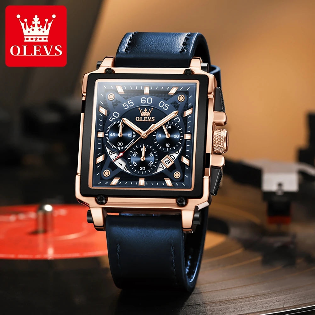 OLEVS 9919 Chronograph Multifunctional Quartz Men's Watch Leather strap 45MM Square Big Dial Leisure Sports TOP Brand Male Watch