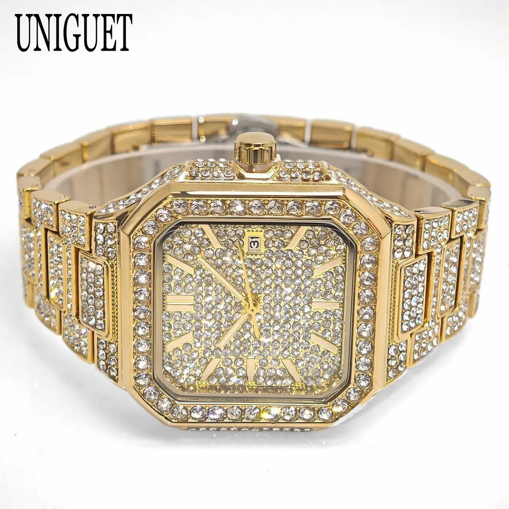 2025 New Black Iced Watch For Men Brand UNIGUET Fashion Waterproof Quartz Watch Man Hip Hop Diamond Jewelry Square Wristwatch
