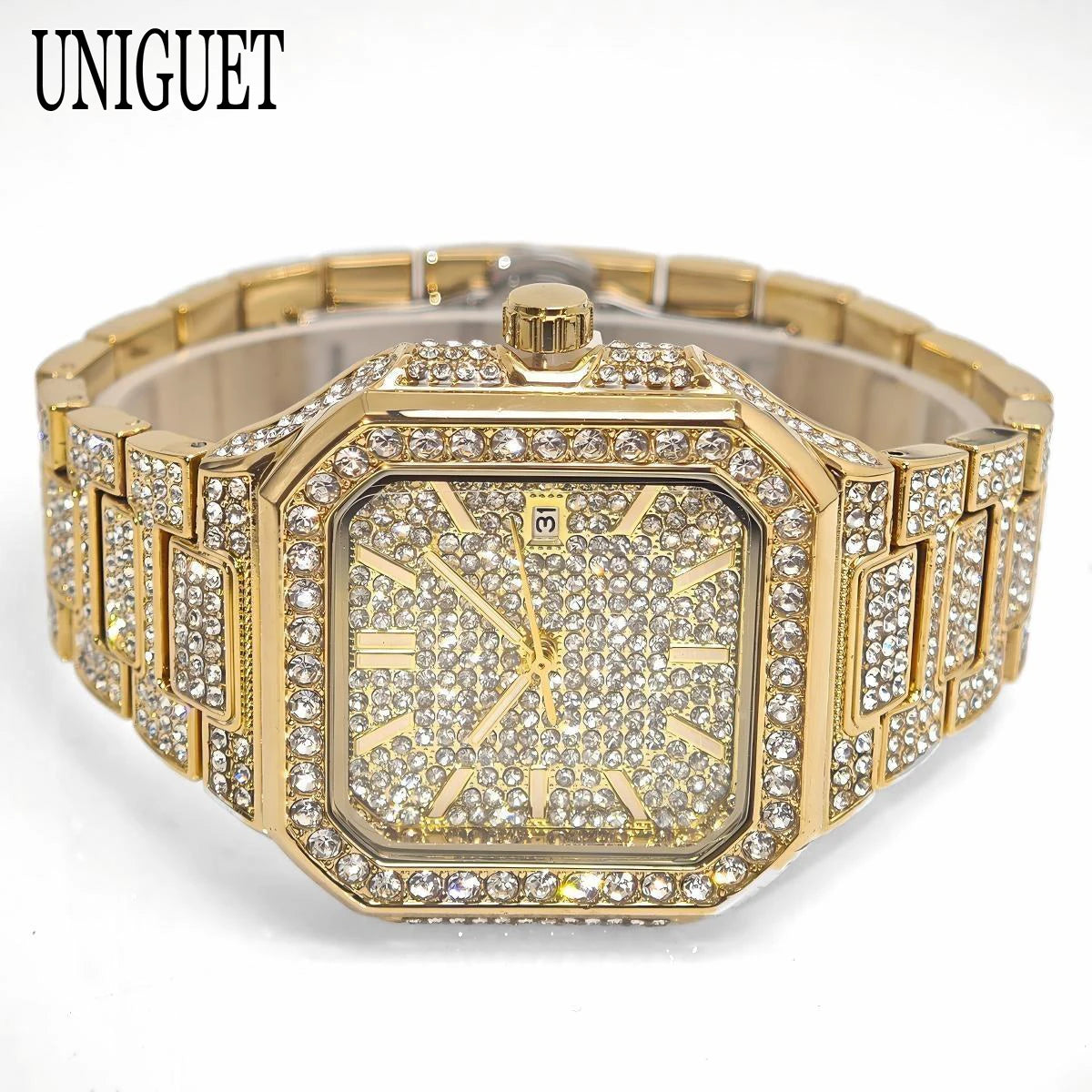 2025 New Black Iced Watch For Men Brand UNIGUET Fashion Waterproof Quartz Watch Man Hip Hop Diamond Jewelry Square Wristwatch
