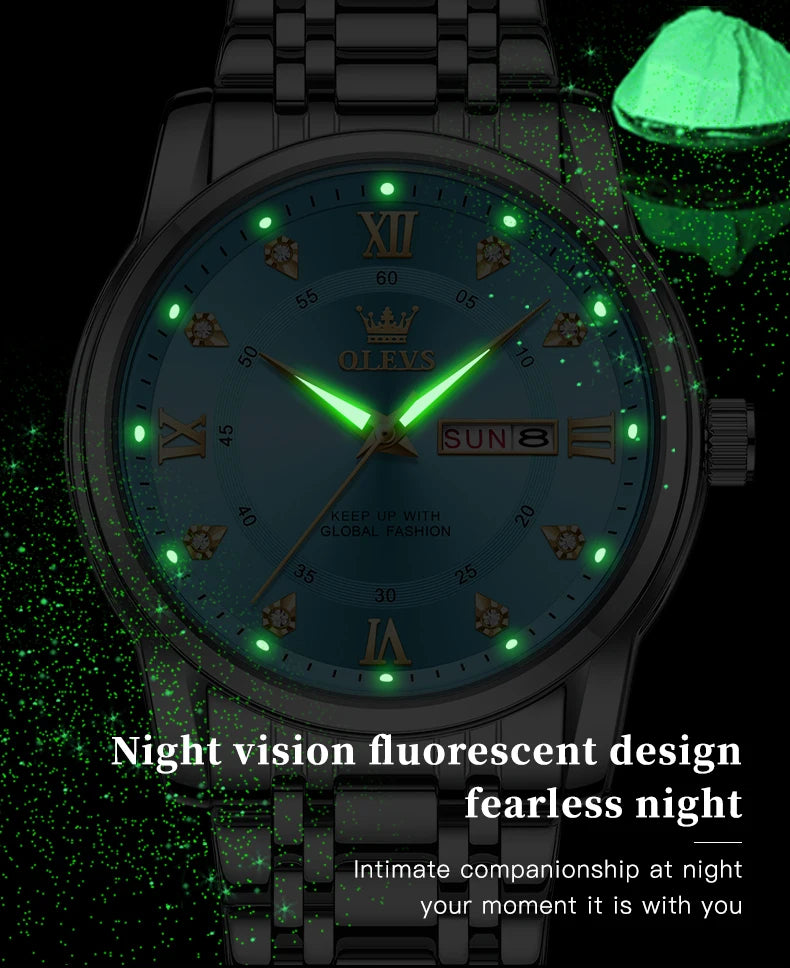 OLEVS 5513 Exclusive Original Quartz Watch for Men Diamond Roman Scale Waterproof Wristwatch Dual Calendar Stainless Steel Watch