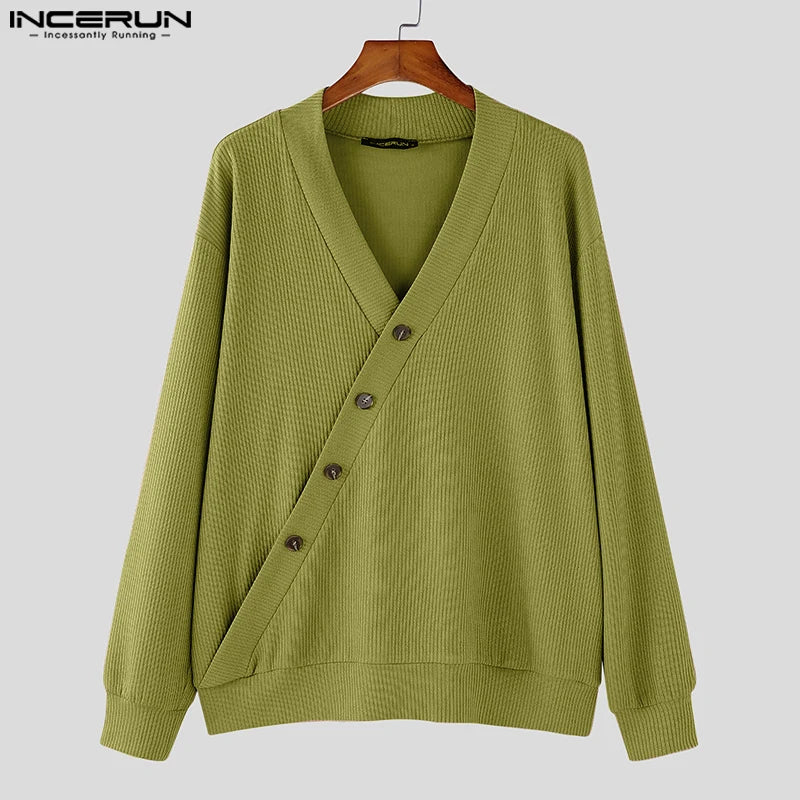 Autumn Stylish Men Tops INCERUN Hot Sale Texture Diagonal Sweater Casual Streetwear Solid V-neck Long Sleeved Sweater S-5XL 2024