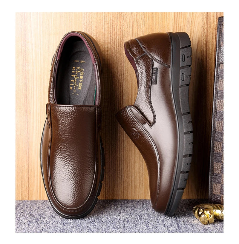 Mens Black Genuine Leather Slip On Loafers Soft Cushioned Sole Comfortable Business Casual Shoes For Middle Aged Dad Daily