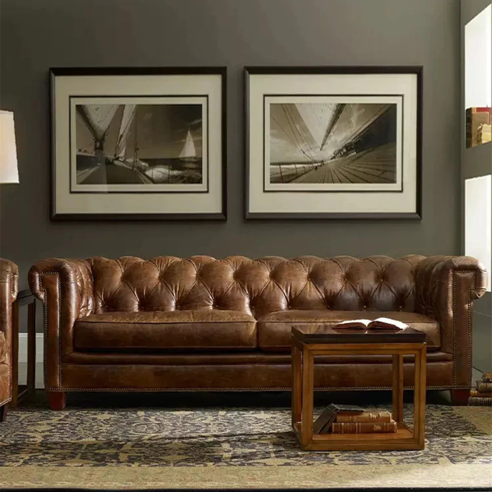 Classic Tufted Couch – Luxury Genuine Leather Chesterfield Sofa 3-Seater with Rolled Arms and Nailhead Trim, for Living Room