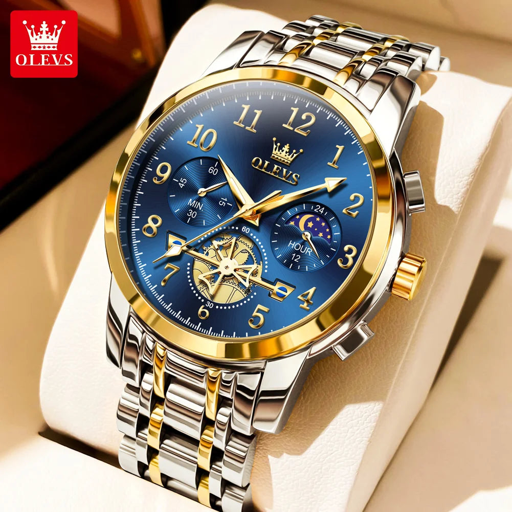 OLEVS 2900 Mens Watch Original Stainless Steel Watches For Men Calendar Moon Phase Quartz Watch Chronograph Freebie Reloj