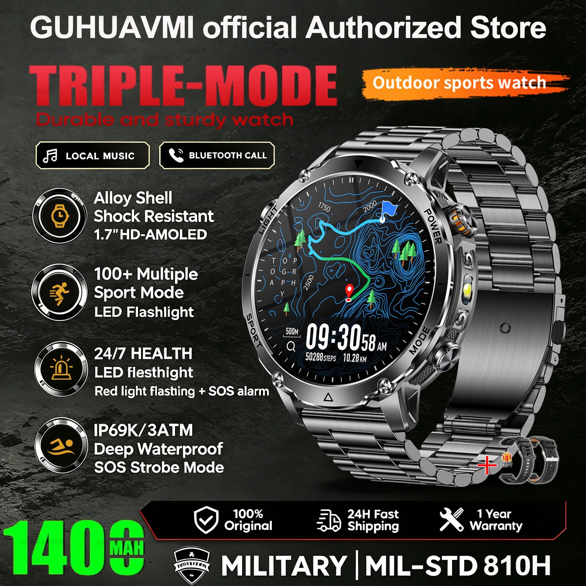 2026 New Smart Watch Bluetooth Call 1400mAh Large Battery Sport Heart Rate 1.7" Military Outdoor Men Smartwatch For Android IOS