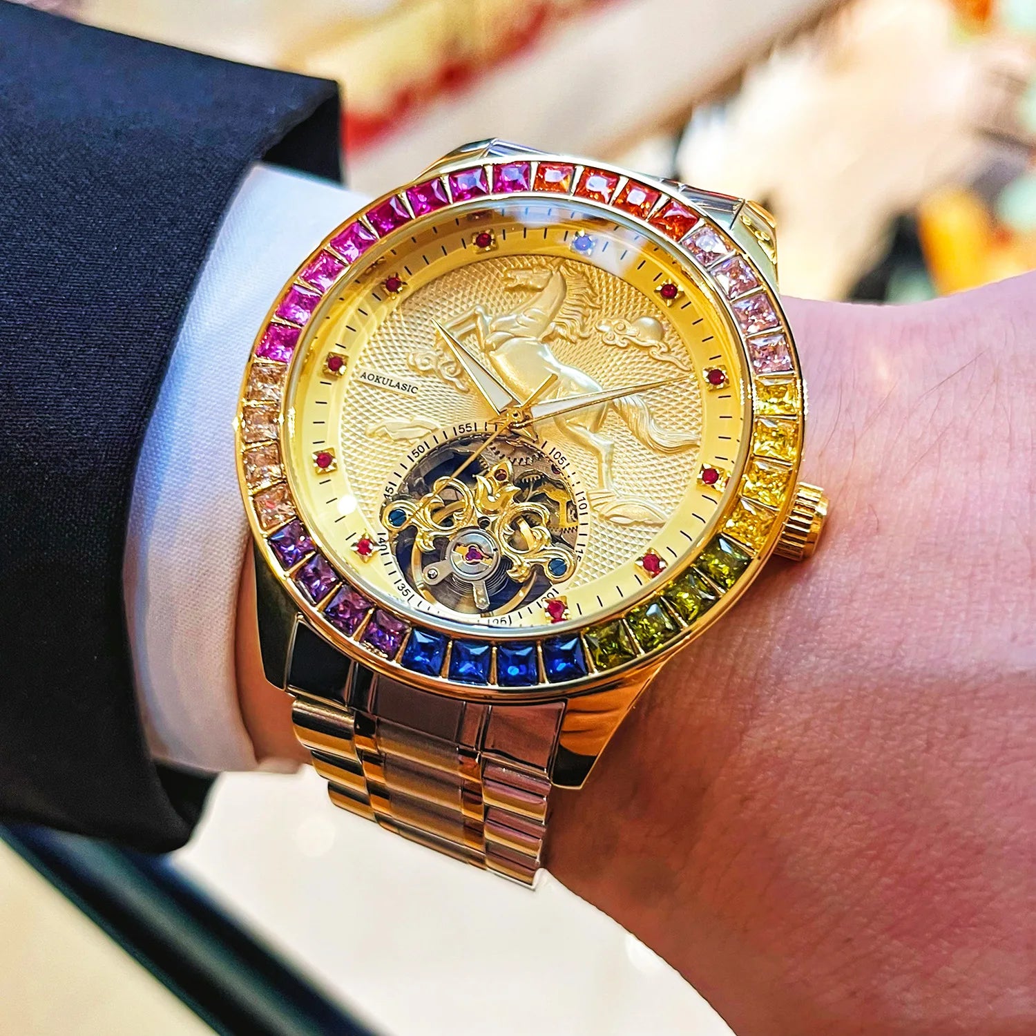 Stainless Steel New Color Diamond Golden Horse Series Skeleton Luminous Waterproof Self-Wind Automatic Watch for Men