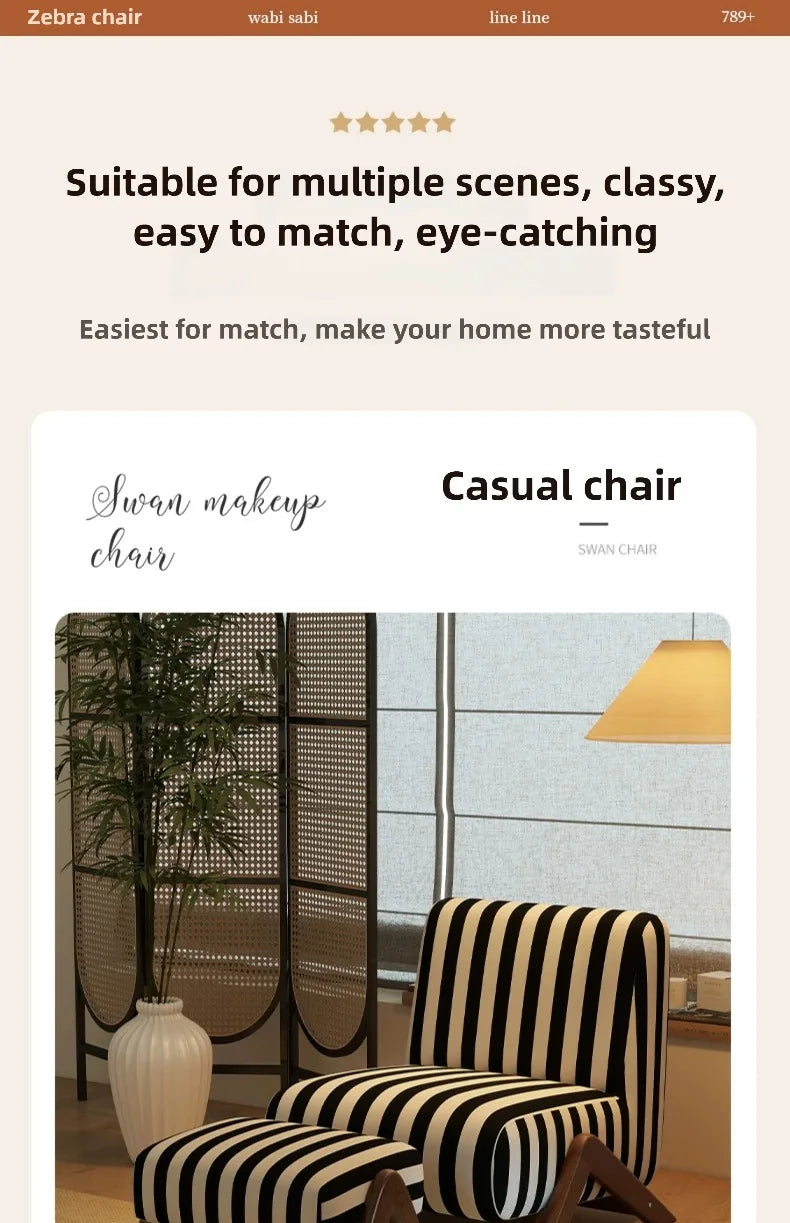 Single Sofa Chair with Antique Style, Lazy Living Room, Balcony, Leisure Chair, Zebra Chair, Solid Wood Designer Single Chairs