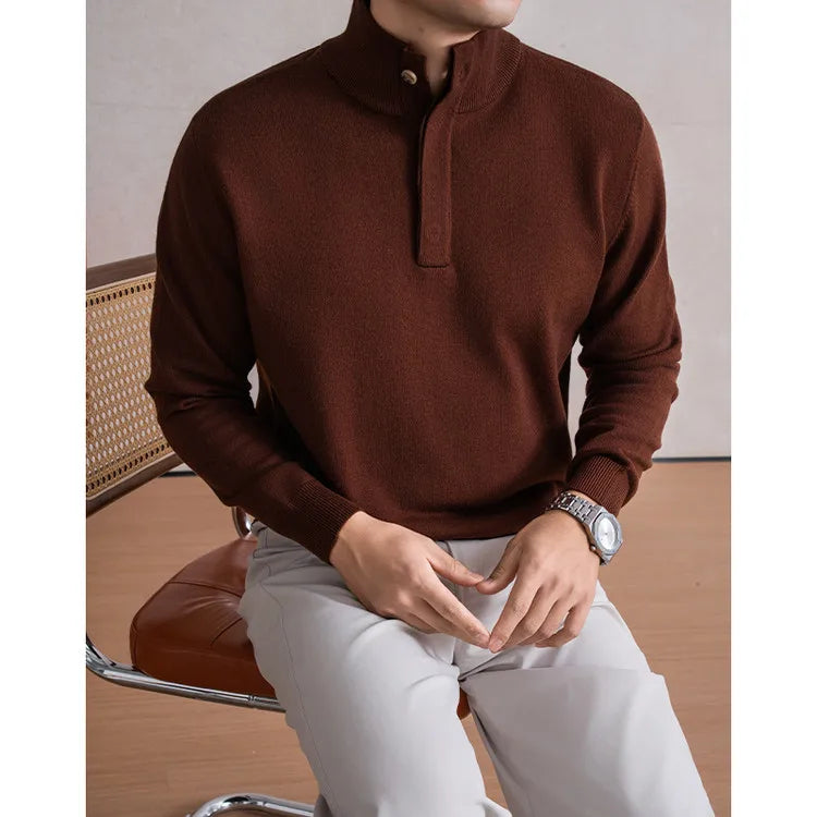 Old Money Style Men's Semi-High Neck Henley Sweater 4.6% Wool Blend Anti-Pilling Knit  Korean Casual Daily Wear