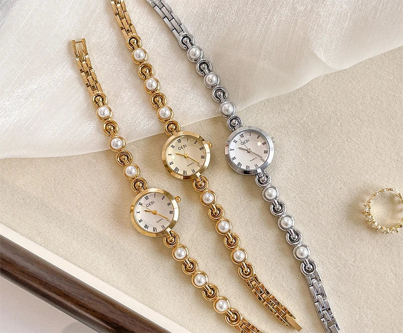 GEDI New Fashion Watch for Women Pearl Chain Temperament Wristwatches Vintage Luxury Elegant Waterproof Quartz Watches Ladies