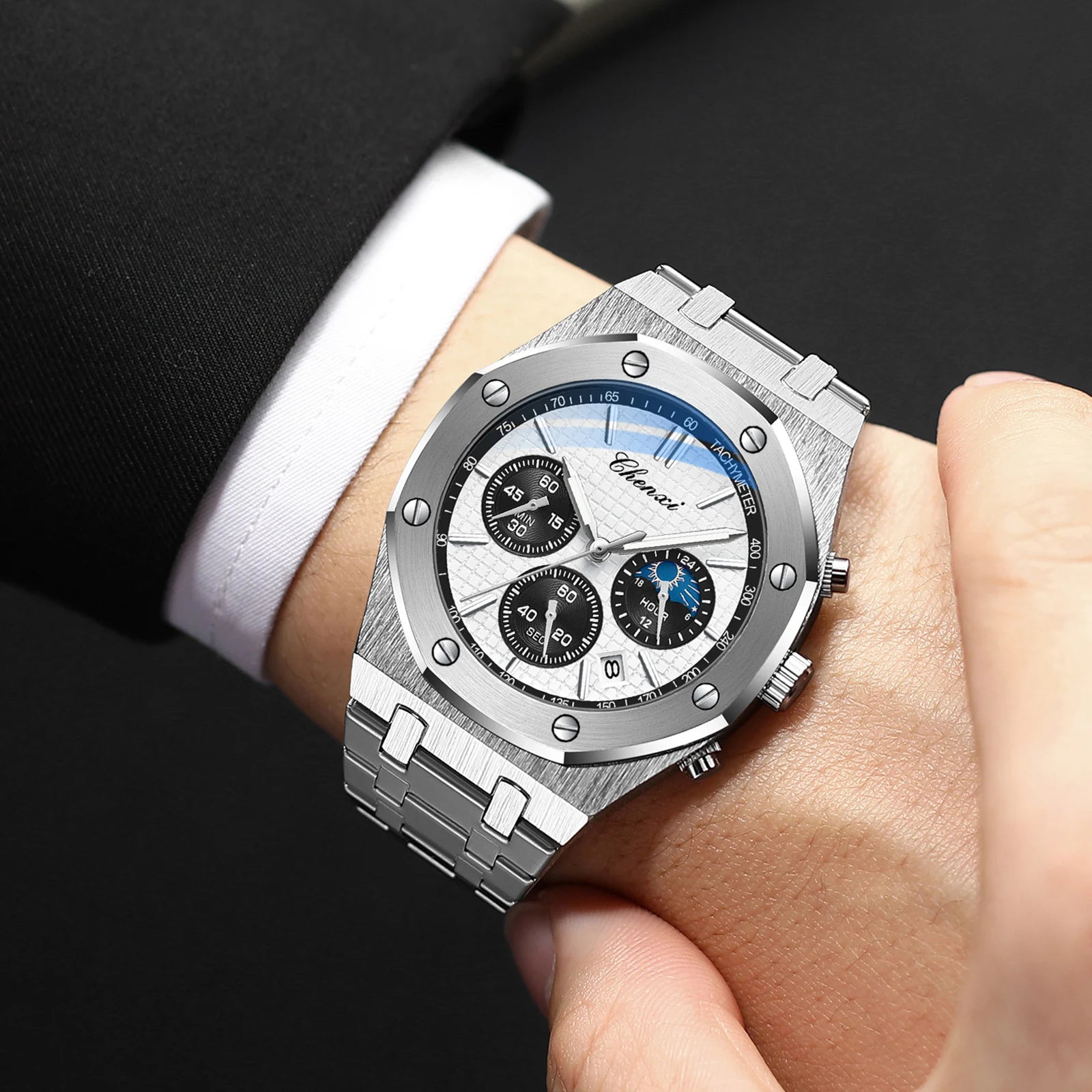 Luxury Business CHENXI Man Watch High Quality Chronograph Moon Phase Quartz Watches Original Waterproof Clock Male New 2025