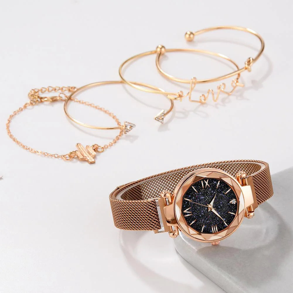 5pcs Set Womens Watches Set Ladies Fashion Watch Black Female New Simple Casual Womens Analog WristWatch Bracelet Gift No Box