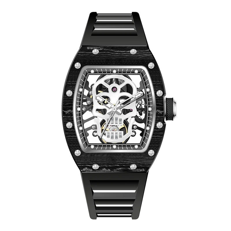 Unique Men Watch Tonneau Casual Wristwatch Soft Silicon Band Fashion Men's Wrist Watches Hollow Out Analog Automatic Watches