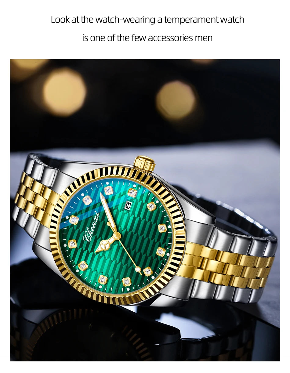 CHENXI Man Watch Classic Fashion Gold Quartz Steel Strap Watches Men Diamond-Set Round Luminous Water-Resistant Date