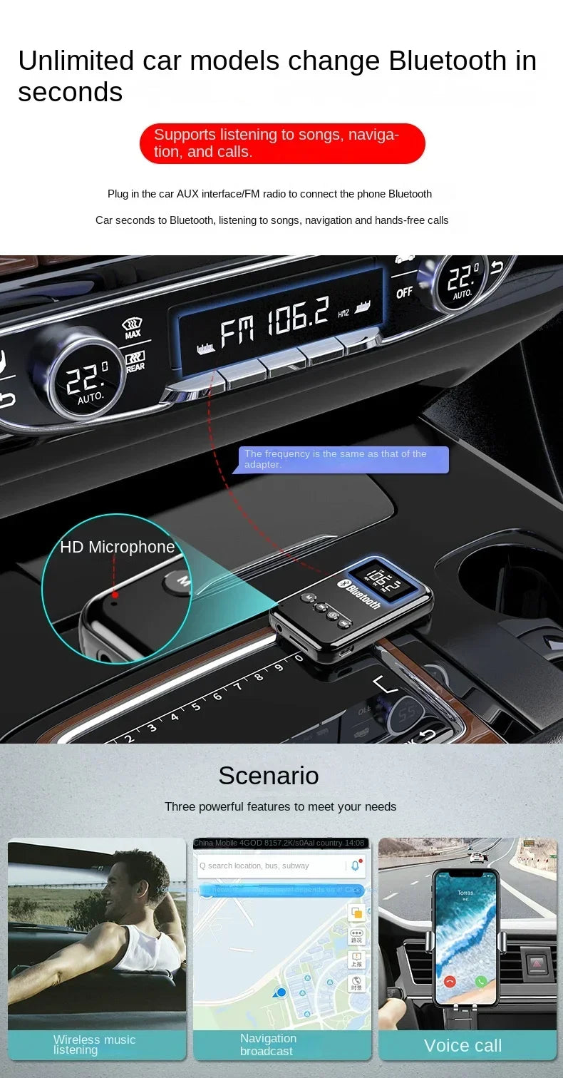 Wireless Audio LED Bluetooth 5.0 Adapter Transmitter Receiver  For Car Music Headphone Speaker, 300mA Battery, Support TF Card