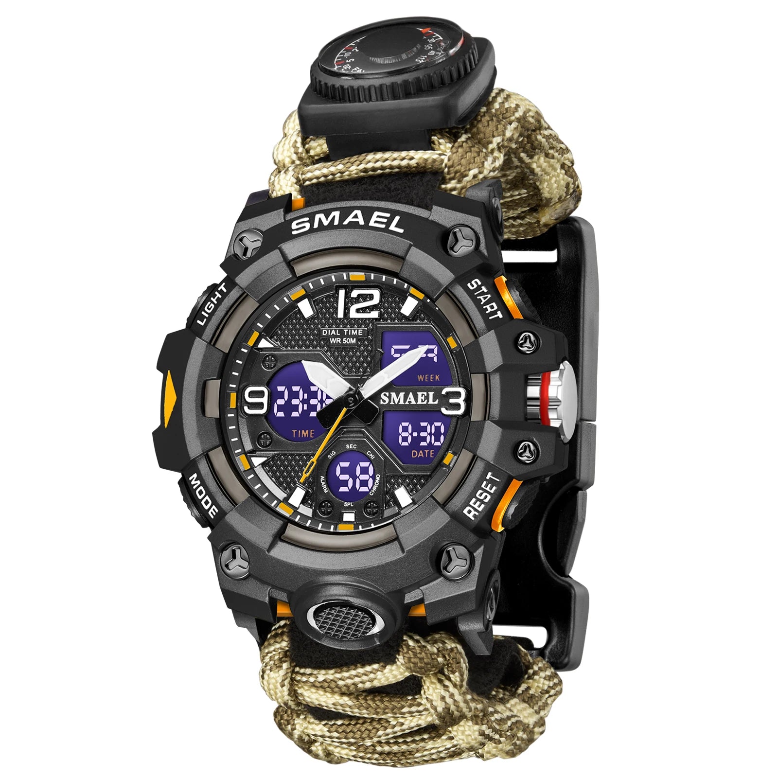 SMAEL 8008N Men's Military Sport Watch - 50M Waterproof LED Dual Time Alarm Stopwatch Compass SOS Shockproof