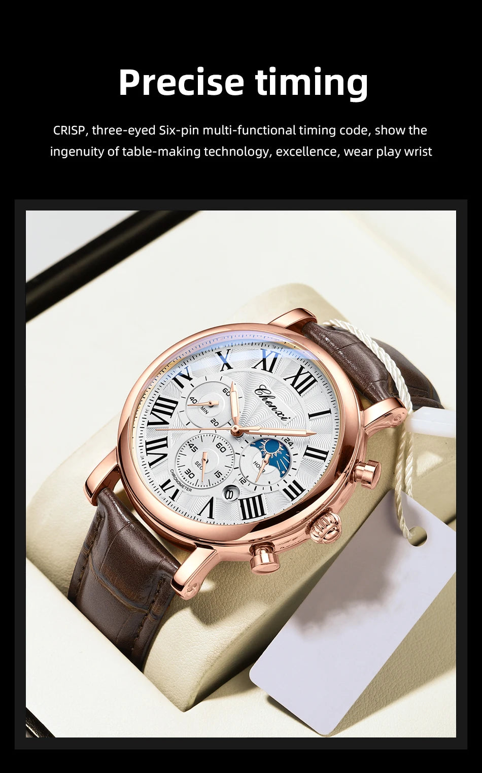 CHENXI Multifunction Men's Watches Business Roman Numerals Leather Strap Quartz Man Watch Chronograph Moon Phase Calendar