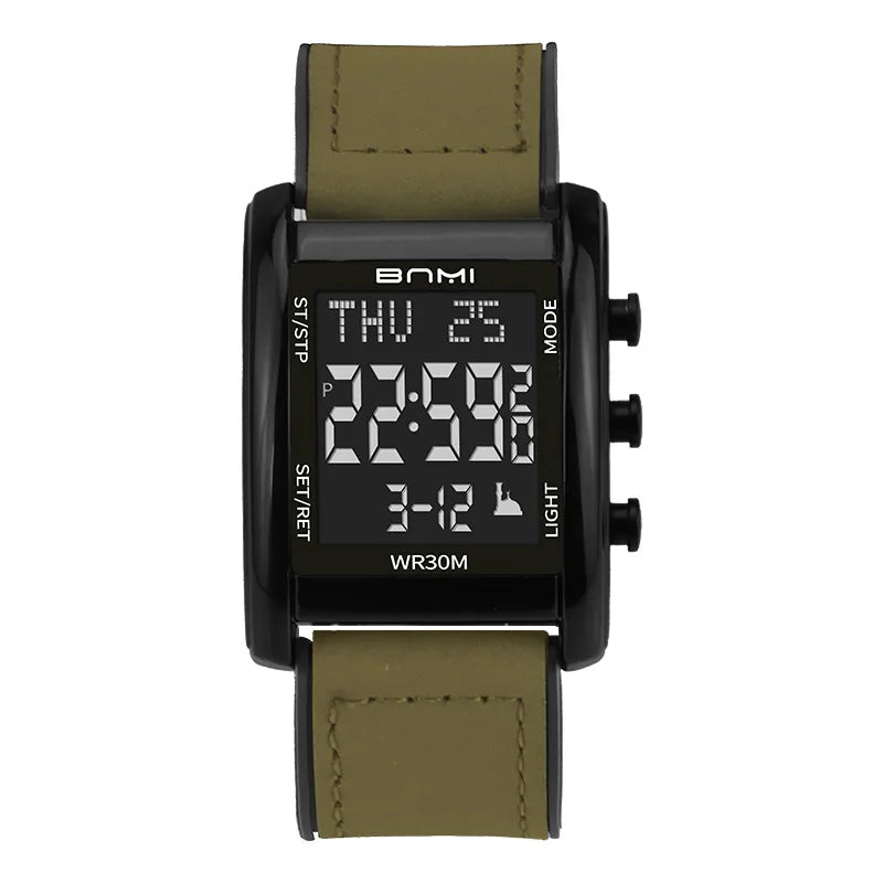 BNMI Men's Digital Watch Multifunctional Square Electronic Man Watches Luminous Weekly LED Display Alarm Stopwatch