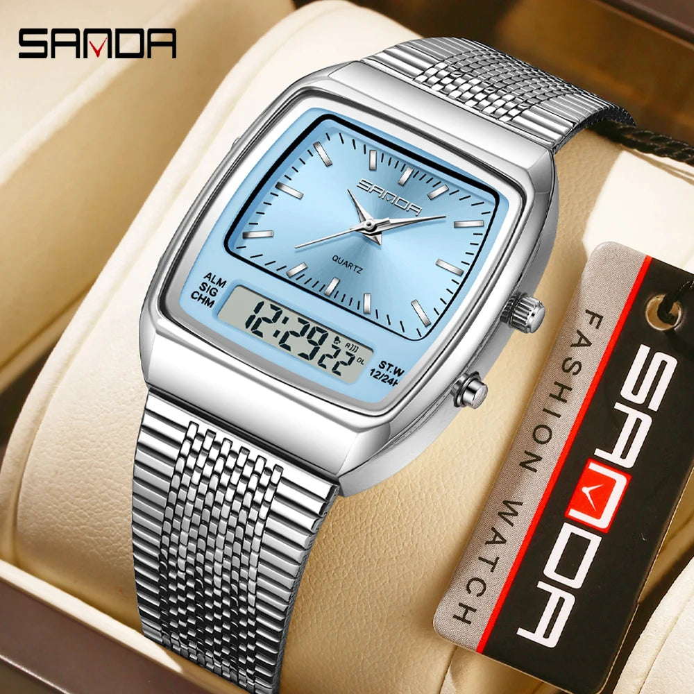 SANDA Outdoor Dual Display Men's Watch Luminous Waterproof TPU Strap Large Dial Chronograph Calendar Sports Wristwatch