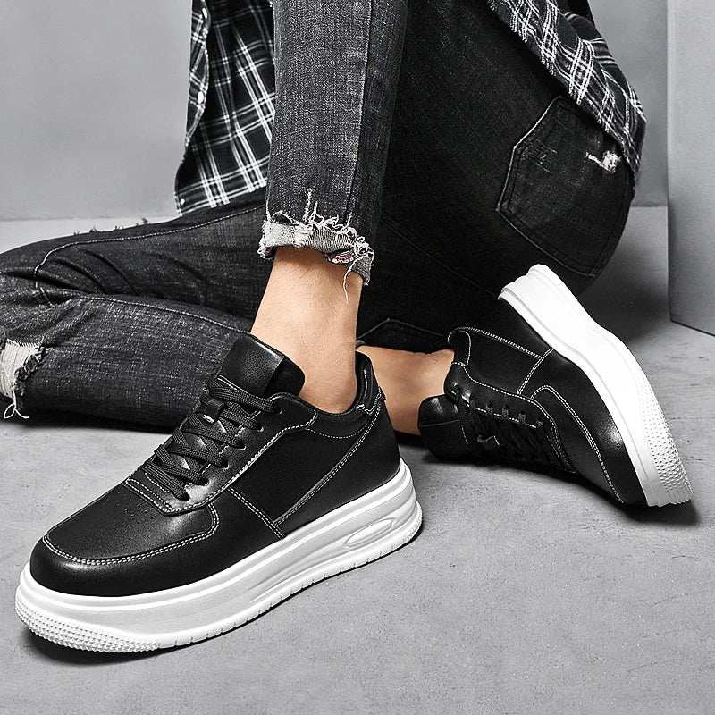 British Style Casual Leather Men's Vulcanized Shoes Fashion Low Top Thick Bottom Antiskid Sneakers Genuine Leather Board Shoes