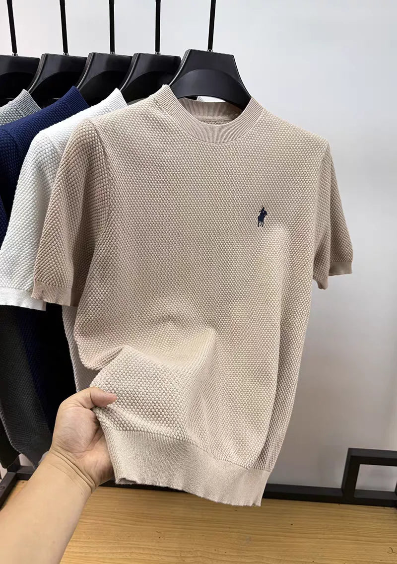 Luxury 100% cotton knitted short sleeve T-shirt high-end brand pony embroidery summer solid color  men's casual round neck top