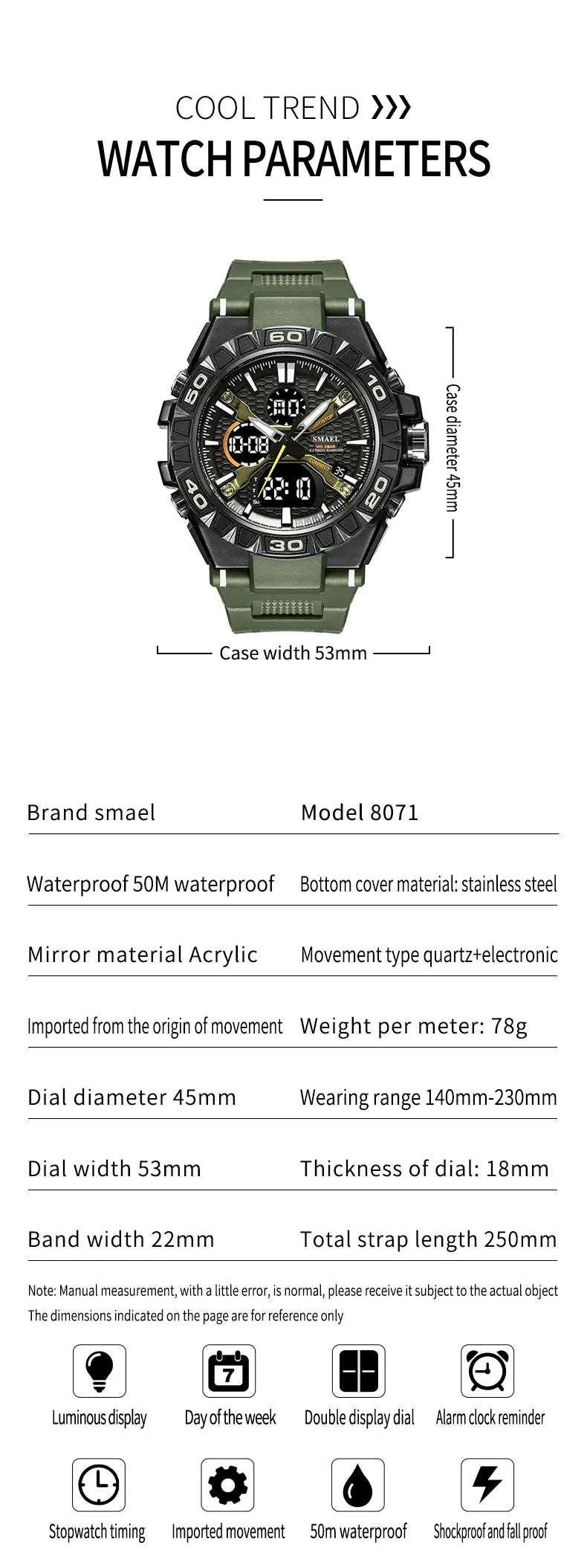 New Men Fashion Watches Quartz Watch Waterproof 50M Man Digital Watch Led 8071 Smael Brand Watch Military Sports Dual Display