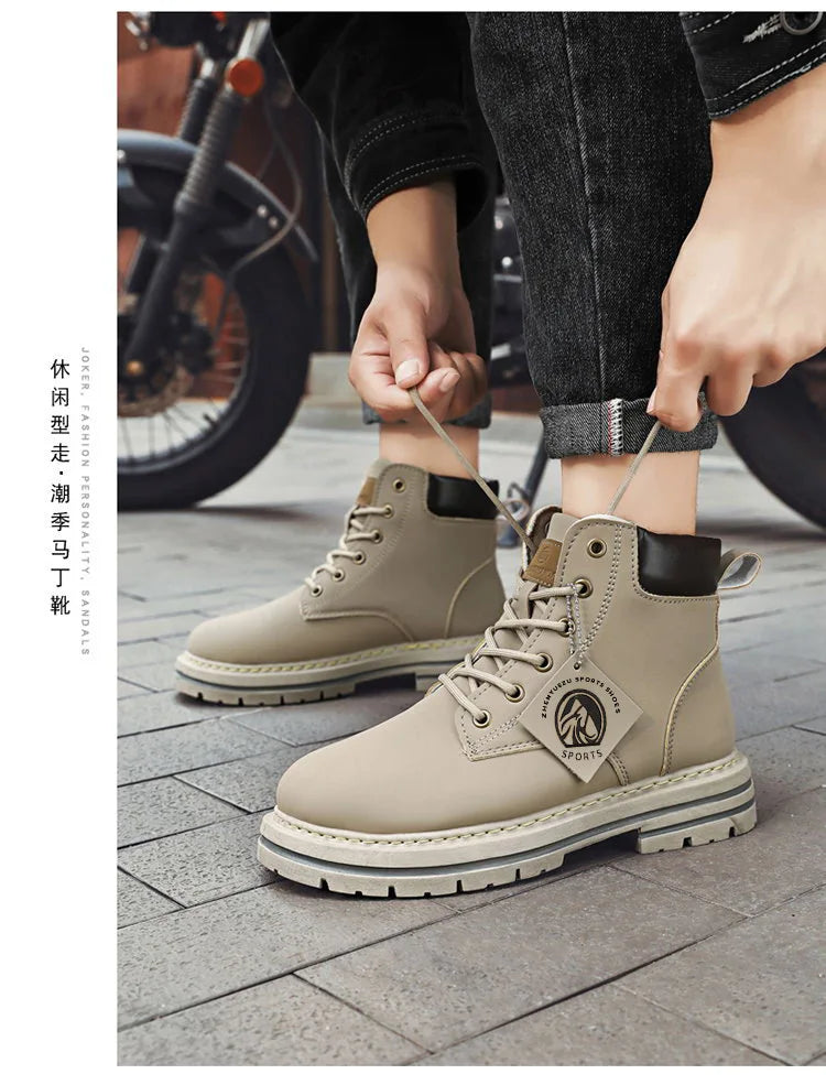 High Top Boots Men's Leather Shoes Fashion Motorcycle Ankle Boots for Men Winter Boots Man Shoes Lace-Up Botas Men Flat Sneakers