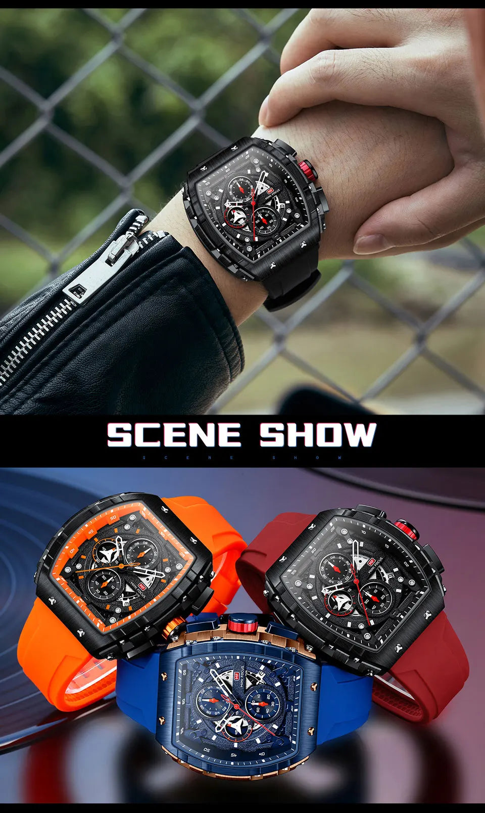 MINI FOCUS Chronograph Quartz Watches for Men Military Sport Silicone Strap Waterproof Wristwatch with Tonneau Dial Auto Date