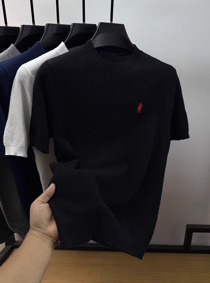 Luxury 100% cotton knitted short sleeve T-shirt high-end brand pony embroidery summer solid color  men's casual round neck top