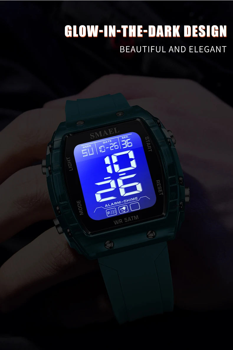 SMAEL Watches for Women LCD Digital Movement Silicone Strap Clock Fashion Trend Waterproof Sport Electronic Wristwatches Female