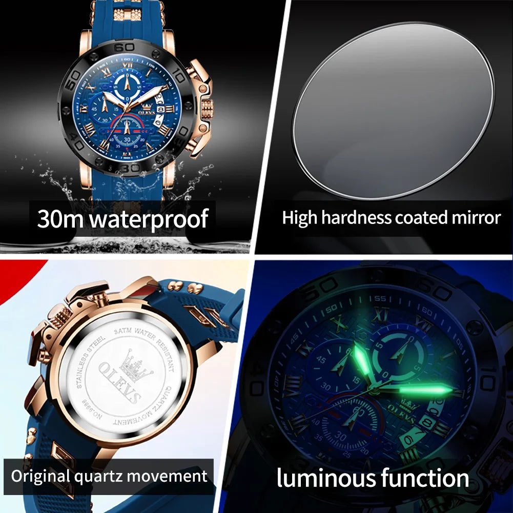 OLEVS 51mm Large Dial Quartz Watch for Men Silicone Strap Waterproof Luminous Auto Date Chrono Roman Numeral Scale Men's Watches