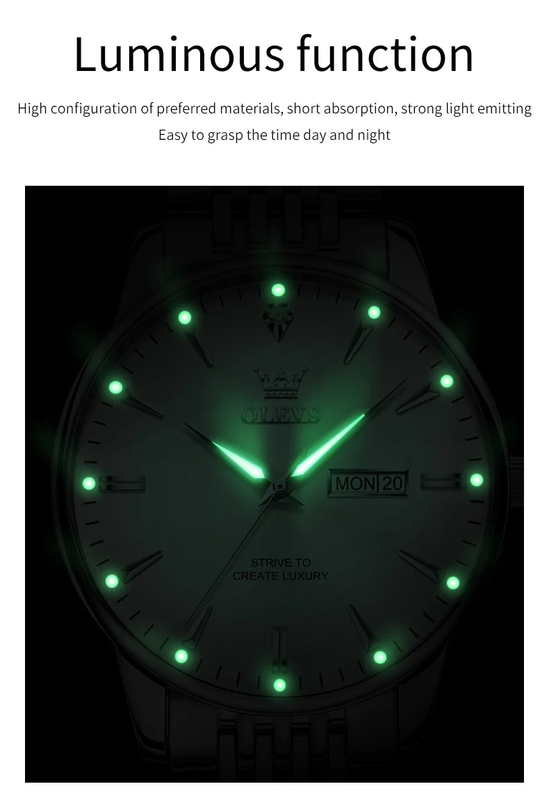 OLEVS 2929 Men Quartz Watch Original Waterproof Business Man Wristwatch Steel Strap Dual Calendar Luminous Fashion Watch For Men