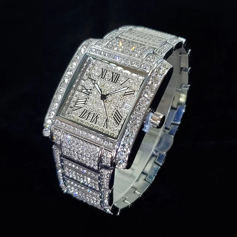 Luxury Brand Mens Silver Stainless Steel Quartz Watch Hip Hop Full Diamond Rectangle AAA Quality Fashion Wristwatch for Men 2025