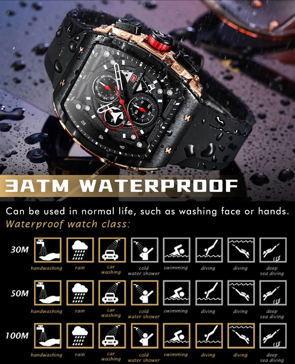 MINI FOCUS Chronograph Quartz Watches for Men Military Sport Silicone Strap Waterproof Wristwatch with Tonneau Dial Auto Date