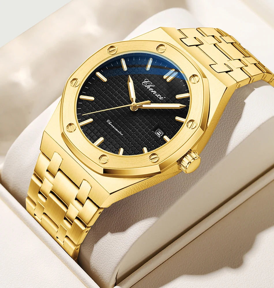 CHENXI NEW Men's Watches Fashion Casual Luminous Date Quartz Watch Male Clock Gifts 42mm Dial Gold Wristwatch Waterproof
