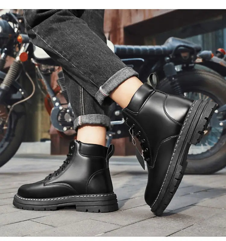High Top Boots Men's Leather Shoes Fashion Motorcycle Ankle Boots for Men Winter Boots Man Shoes Lace-Up Botas Men Flat Sneakers