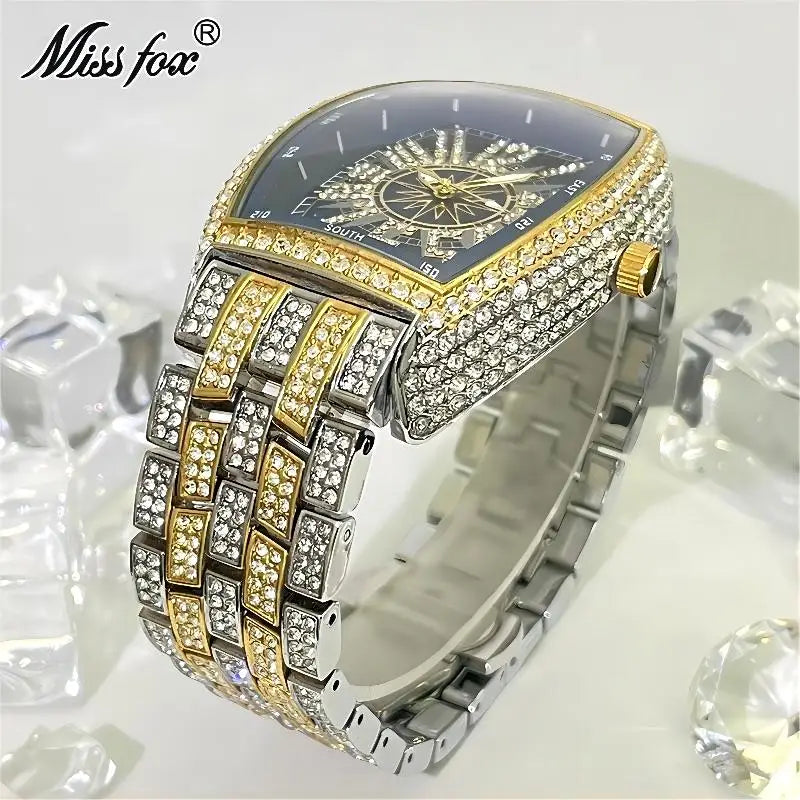 Luxury Gold Watches Men Brand MISSFOX Fashion Hip Hop lce Diamond Sun Pattern Literal Quartz Wristwatch Male Dropshipping Hot